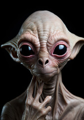 Funny Looking White Alien Extra Terrestrial (ET) with Dark Eyes Stares into the Camera - Human Like Gray Alien from an Alien World. Generative AI. 