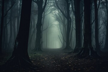 Misty spooky forest background, gloomy trees in scary horror foggy woods Happy Halloween dark night creepy nature mist fantasy atmosphere mystery dramatic landscape fall nightmare scenery. Copy space