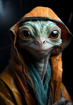 Stylish Human-Like Friendly Alien Extra-Terrestrial (ET) in Orange Hooded Jacket and Green Scarf: The Intersection of Intergalactic and Earthly Fashion. Generative AI.