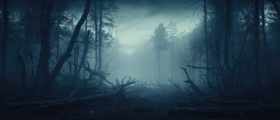 Obraz premium Misty spooky forest background, gloomy trees in scary horror foggy woods Happy Halloween dark night creepy nature mist fantasy atmosphere mystery dramatic landscape fall nightmare scenery. Copy space