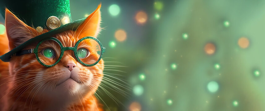 Cat in the Hat. Red cat in a leprechaun hat and glasses on a green background. Banner. Wallpaper. Copy space. Bokeh. Generated AI. Edited in Photoshop