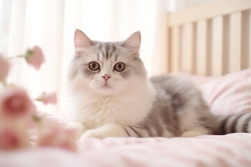 Obraz premium Close up of domestic cat lying on the bed in the bedroom. Cat relax on the bed at home. Soft pastel colors image