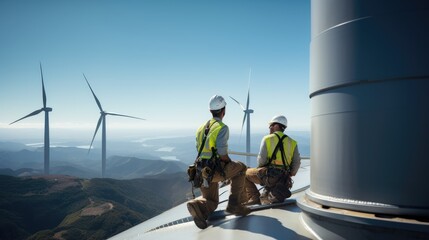 Skilled workers servicing wind turbine in the vast landscape. Generative AI
