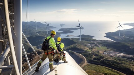 Skilled workers servicing wind turbine in the vast landscape. Generative AI