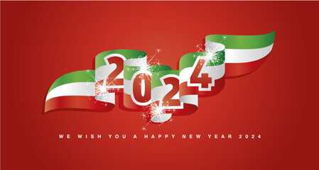 New Year 2024 concept design template with sparkle firework 2024 front on Italy wavy flag ribbon. Premium green white red Italy wavy flag ribbon vector design for poster, banner, greeting card
