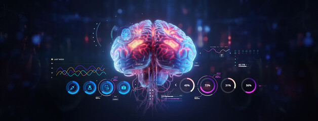 futuristic medical research of brain neural nerve system health care with diagnosis vitals infographic biometrics for clinical hospital x-ray and alzheimer treatment, wide banner with copyspace area - obrazy, fototapety, plakaty
