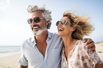happy mature man pointing something to his wife on the beach