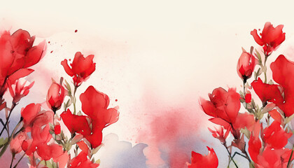 red freesia flowers watercolor background
