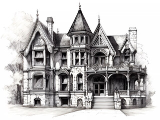 Architectural drawing of victorian home with landscaping. Black and white front facing sketch of house.