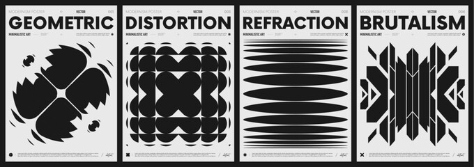 Modern abstract poster collection, vector minimalist posters with geometric shapes in black and white, brutalist style inspired graphics, bold aesthetic, shape distortion effect