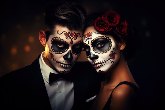 Elegantly dressed couple in sugar skull makeup at a Halloween party, captivating glances, she wears floral hair adornments.