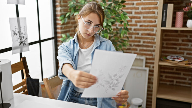 Young woman artist drawing on paper looking draw at art studio