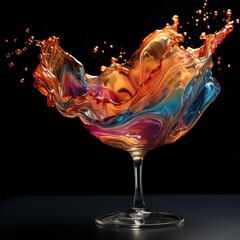 A wine glass that transforms into a cascade of colorful liquid
