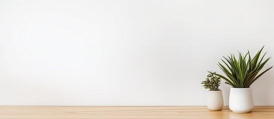 Wooden desk with potted tree on white wall, space for text.