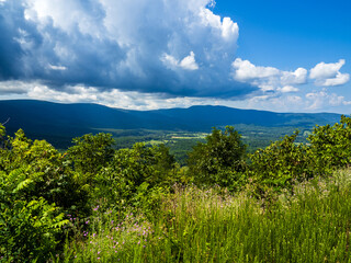 View of the Shenandoah Valley seen from Shenandoah National Park, Virginia, USA, with dramatic clouds approaching.