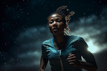 African American woman running at night under the stars