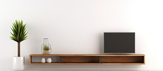 Empty modern room with TV shelf and plant decorations on white wall and wooden floor.