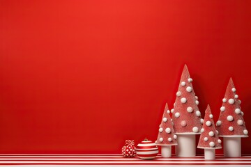 red christmas background with a tree decorated with Christmas balls and presents
