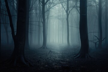 Misty spooky forest background, gloomy trees in scary horror foggy woods Happy Halloween dark night creepy nature mist fantasy atmosphere mystery dramatic landscape fall nightmare scenery. Copy space