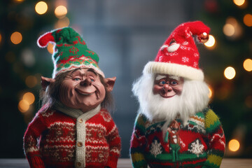 Close-up of two very happy trolls with a Christmas sweater