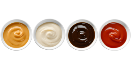 Various sauces in bowls isolated on transparent, png