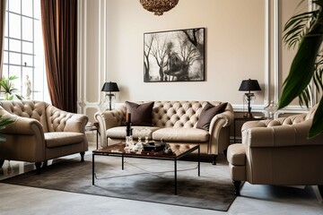 Beige tufted chesterfield sofa and brown wing chairs. Art deco interior design of modern living room.