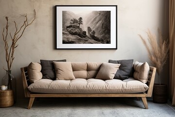 Grey sofa near beige stucco wall and big poster frame on it. Boho, rustic interior design of modern living room.