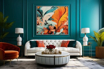 Chic white curved tufted sofa and pouf against teal classic wall panels with vibrant colorful art poster. Art deco style home interior design of modern living room - Powered by Adobe