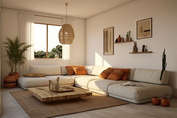 Boho minimalist home interior design of modern living room. Corner sofa in room with beige stucco walls.