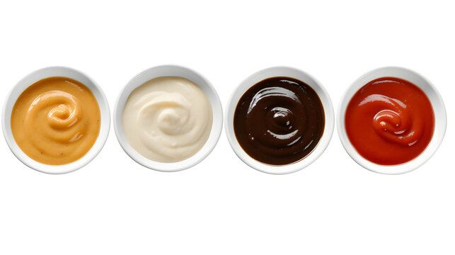 Various sauces in bowls isolated on transparent, png