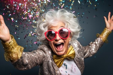 Portrait of a happy senior woman having fun during a birthday party. Generative AI