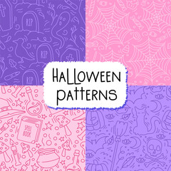 Set of Seamless purple pink Halloween patterns. Witchcraft spooky enventory.