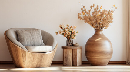 Boho Style Decor, Modern Minimalistic Chair,  Flowers in a vase and a coffee table