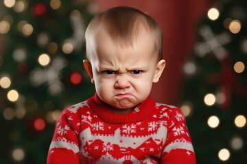 Very angry and sad baby in a Christmas sweater - obrazy, fototapety, plakaty