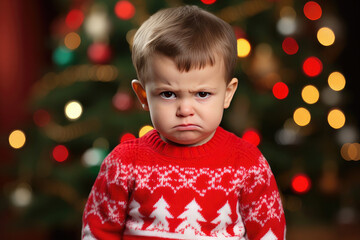 Very angry and sad baby in a Christmas sweater - obrazy, fototapety, plakaty