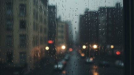 rain on a window in the city - obrazy, fototapety, plakaty