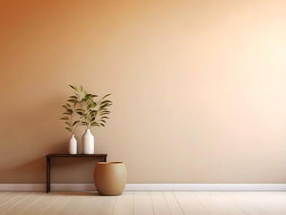 Fototapeta na wymiar Interior wall mockup with soft minimalist living room in warm beige neutrals. blank canvas for mock up design. empty wall space. 