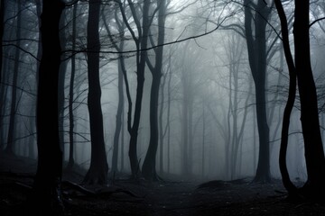 Naklejka premium Misty spooky forest background, gloomy trees in scary horror foggy woods Happy Halloween dark night creepy nature mist fantasy atmosphere mystery dramatic landscape fall nightmare scenery. Copy space