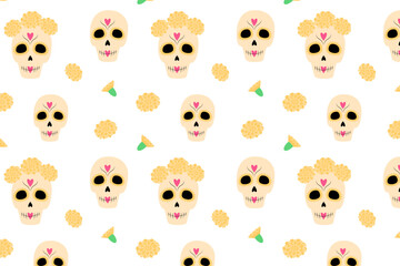 Seamless pattern of colorful Sugar Skull and flowers. Abstract background texture. Day of the Dead