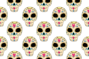 Vector Seamless pattern of Sugar Skull in trendy shades. Dia de los muertos. Happy Day of the Dead 