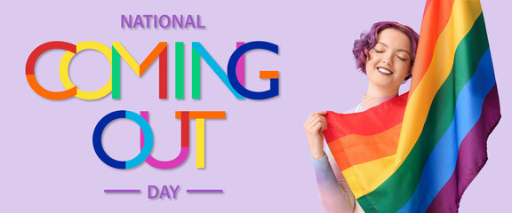 Banner for National Coming Out Day with young woman and rainbow flag - obrazy, fototapety, plakaty