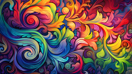 a psychedelic style, with swirling, kaleidoscopic colors. 