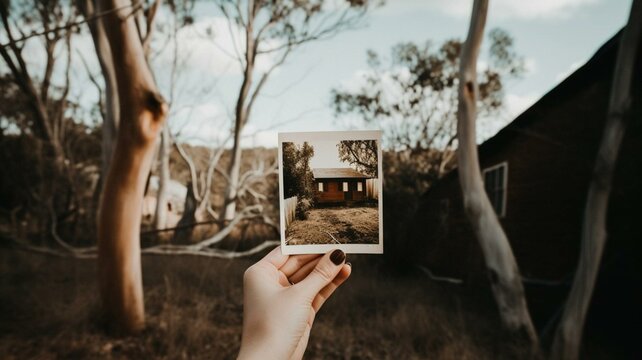 Hand holding polaroid of house in Australian bush