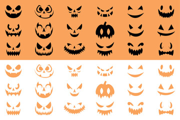 Halloween face icon set. Spooky pumpkin smile on white and orange background. Design for the Halloween holiday. Vector illustration.
