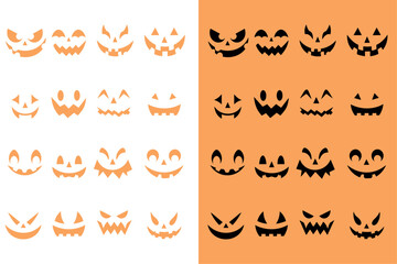 Face icon set for Halloween. Scary pumpkin smiling on white and orange background. Design for the Halloween celebration. Vector illustration.
