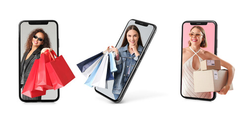 Collage with smartphones and young women holding parcels and shopping bags on white background