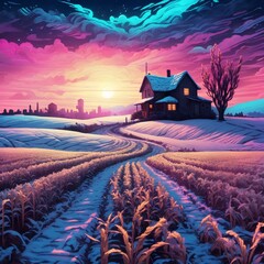 beautiful wheatfield covered with snow with attractive light and details  - obrazy, fototapety, plakaty
