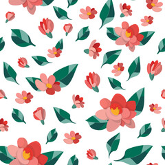 Seamless pattern with delicate pink-red flowers and green leaves on a white background. A simple composition with artistic flowers. Floral print, romantic botanical background with isolated flowers.