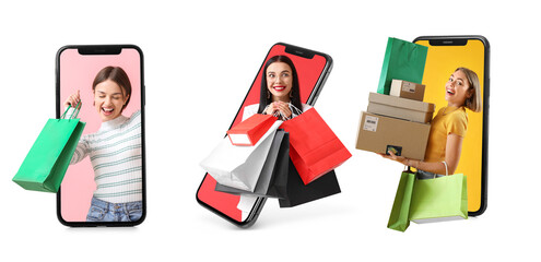 Collage with smartphones and young women holding parcels and shopping bags on white background