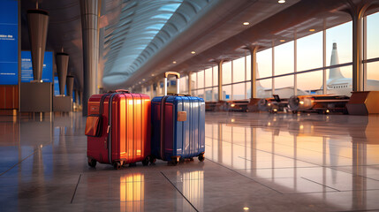 Two modern suitcases standing in empty waiting area airport hall, traveler suitcases in airport terminal waiting area with blank space for text message or design, vacation concept - obrazy, fototapety, plakaty